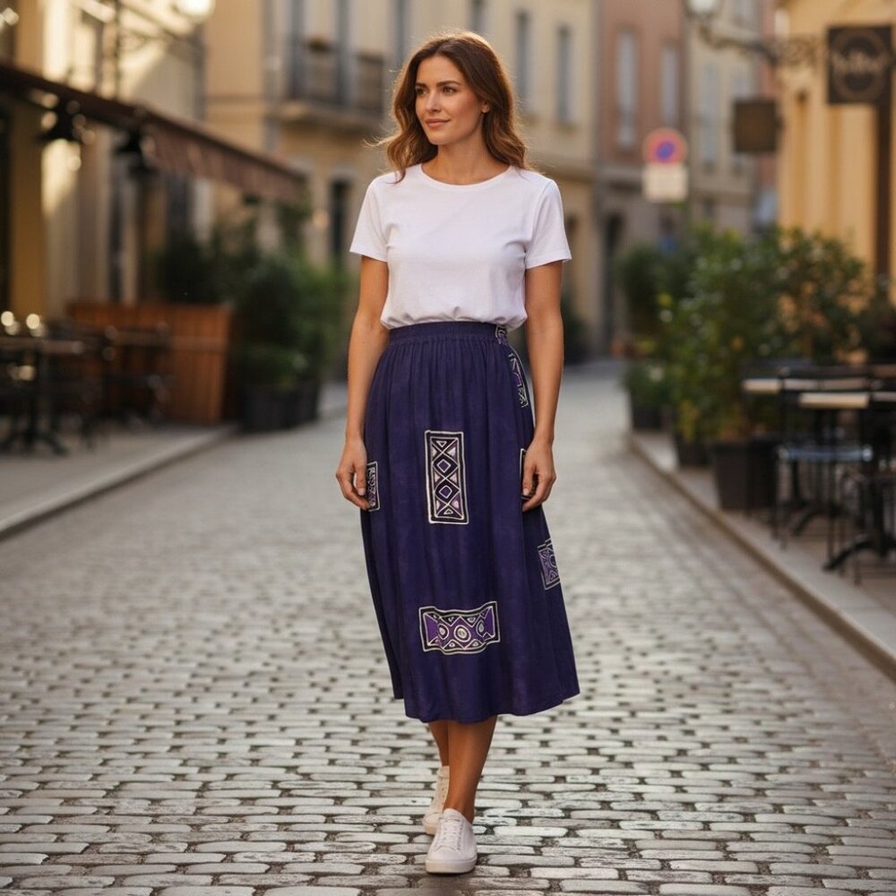 Bali Batiks OS Purple Hand Dyed Batik Calf‎ Midi Skirt Flowy Vacation Resort